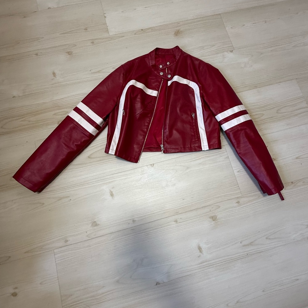 Red Faux Leather Moto Jacket with White Racing Stripes